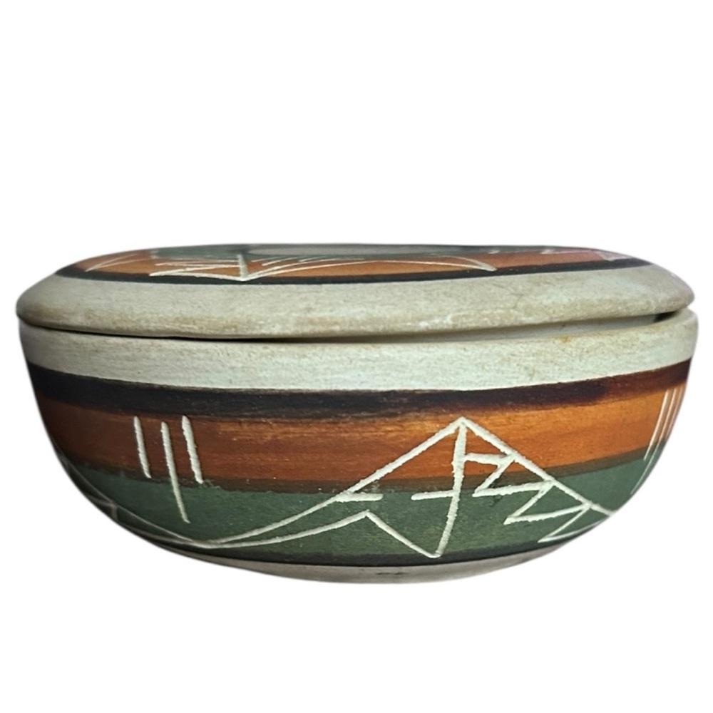 Vintage Souix Pottery Trinket Dish With Lid Southwestern Vermillion Geometric - Picture 2 of 9